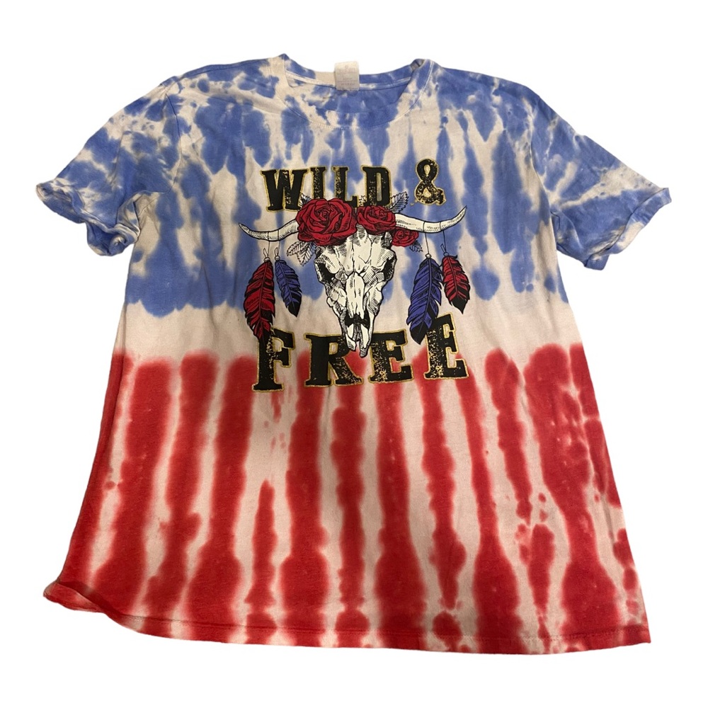 Tie, dyed, red, white and blue ladies shirt with steer size XL